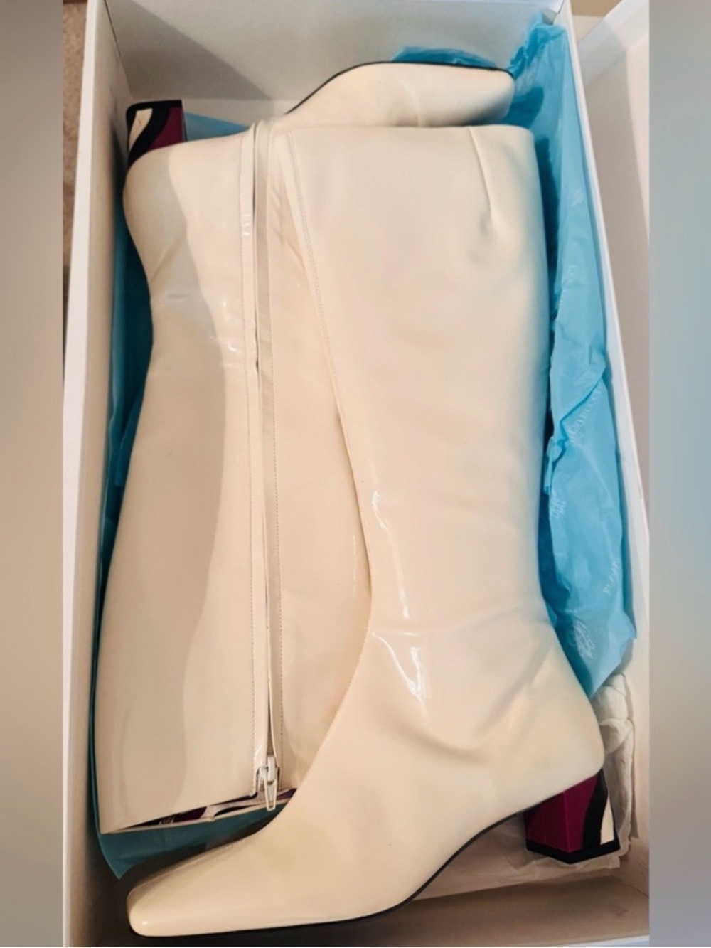 Emilio Pucci Off White Patent Leather Boots, Size 37/7, NWD